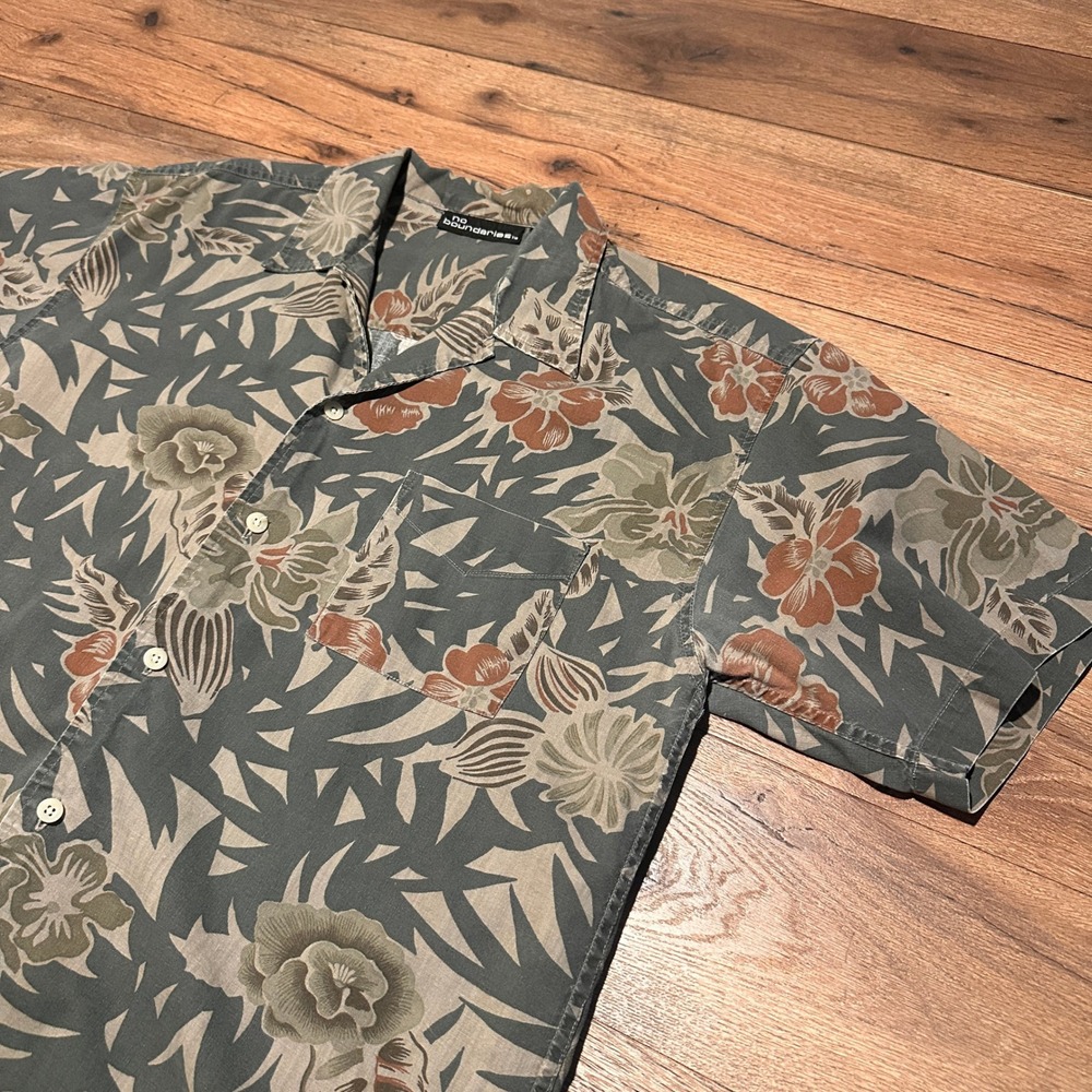 Vintage No Boundaries Green Floral Tropical Button Down Shirt Mens Large